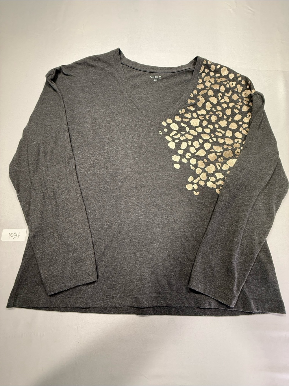 cleo Charcoal Long-Sleeve Top with Metallic Gold Leopard Shoulder